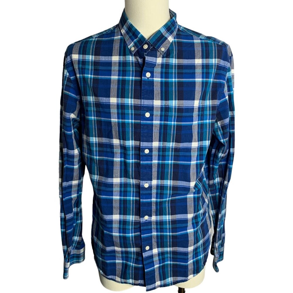 Old Navy Button Down Slim Fit Shirt L Blue Plaid Long Sleeves Pocket Cotton